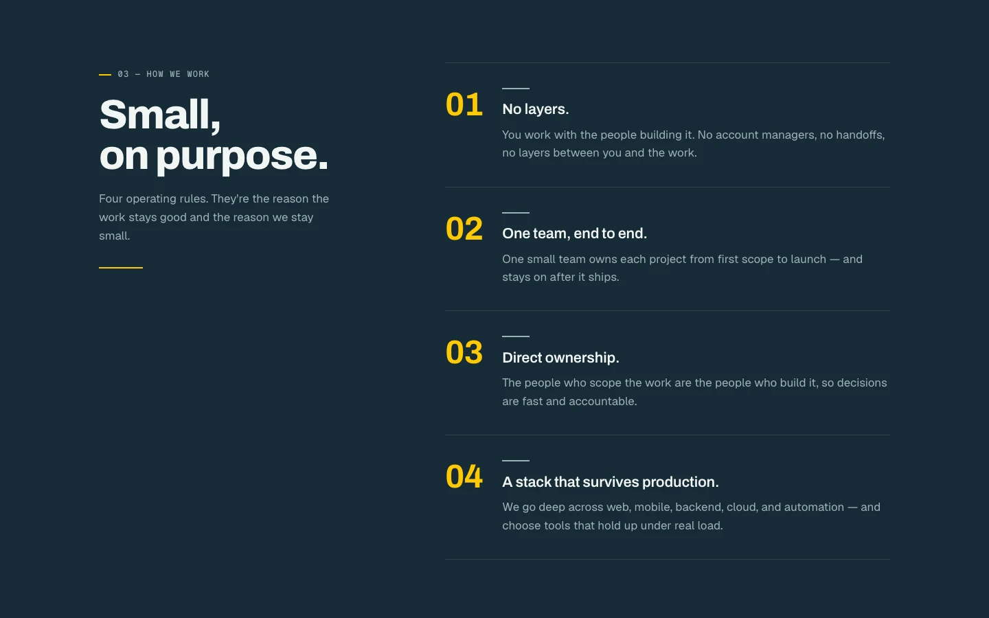 Bora Technologies — small on purpose: no layers, one team, end-to-end ownership